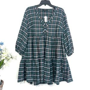 Madewell Women’s Green Plaid Flannel Long Sleeve Tiered Colette Mini Dress - NWT